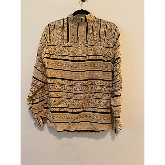 Stunt Silk Blouse Button Front Black & Tan Stripes Swirl Print Large - Picture 2 of 8